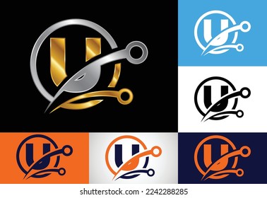 Initial U monogram alphabet in a circle with a technology sign symbol. Technology logo design concept vector template. Font emblem