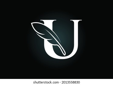 Initial U monogram alphabet with a feather. Font emblem. Law firm icon sign symbol. Modern vector Logo for a writer or publishers business and company identity