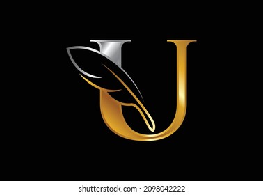 Initial U monogram alphabet with a feather. Font emblem. Law firm icon sign symbol. Modern vector Logo for a writer or publishers business and company identity