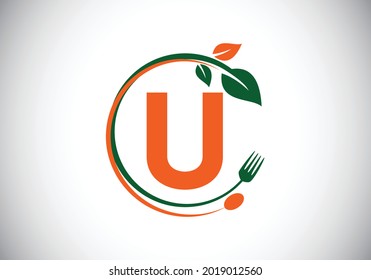 Initial U monogram alphabet with a fork, spoon, and leaf. Healthy, natural, food logo. Modern vector logo for cafe, restaurant, cooking business, and company identity