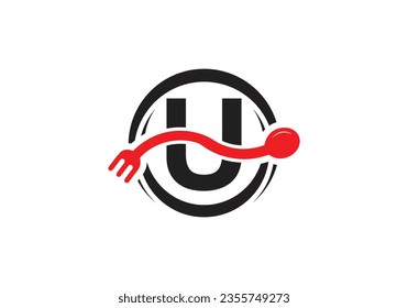 Initial U monogram alphabet with a fork, spoon, logo. Café Icon, Restaurant, Cooking Business Vector