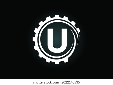 Initial U monogram alphabet in a gear spiral. Gear engineer logo design. Logo for automotive, mechanical, technology, setting, repair business, and company identity