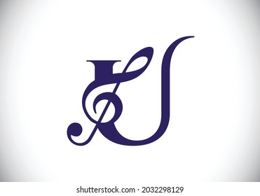 Initial U monogram alphabet with a musical note. Symphony or melody signs. Musical sign symbol. Font emblem. Modern vector logo design template.