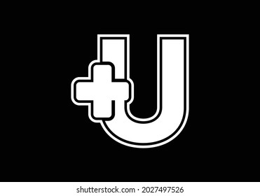 Initial U monogram alphabet with a plus logo sign white in black background. Font emblem. Modern vector logo for medical or health business, and company identity