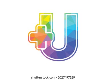 Initial U monogram alphabet with a plus logo sign. Low poly art style. Font emblem. Modern vector logo for medical or health business, and company identity