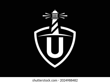 Initial U monogram alphabet in a shield with the lighthouse. Harbor logo. Font emblem. Modern vector lighthouse logo for business, organization, or website