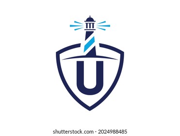 Initial U monogram alphabet in a shield with the lighthouse. Harbor logo. Font emblem. Modern vector lighthouse logo for business, organization, or website