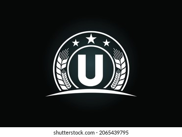 Diseño inicial del símbolo del alfabeto monograma U incorporado con Trigo, cebada o centeno. Concepto de logotipo agrícola. emblema de letra. Logotipo para el negocio agrícola y la identidad de la empresa