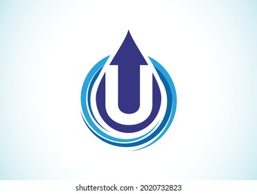 Initial U monogram alphabet with water drop in a spiral. Waterdrop logo design vector template. Font emblem. Modern vector logo for business and company identity