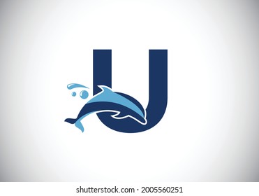 Initial U monogram letter alphabet with a Dolphin logo design. Water Animal icon. Font emblem. Modern vector logotype for business and company identity.