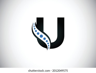 Initial U monogram letter alphabet with chiropractic spine logo. Spinal care icon. Font emblem. Modern logotype for orthopedic business and company identity.