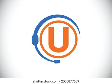 Initial U monogram letter alphabet and support service with headphones. Headphone logo. Hotline customer advice, call center help. Modern vector logo for business and company identity.