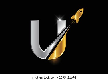 Initial U monogram letter alphabet with a Rocket logo design. Rocket icon. Font emblem.