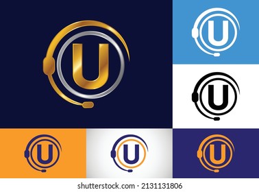 Initial U monogram letter alphabet and support service with headphones. Headphone logo. Hotline customer advice, call center help