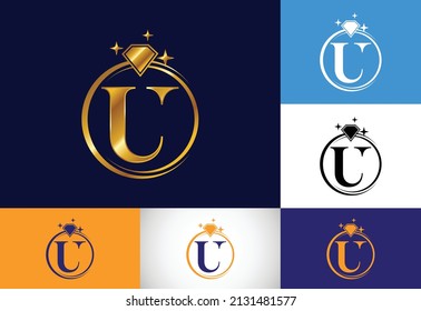 Initial U monogram letter alphabet in a circle with Diamond. Diamond Ring Logo. Jewelry logo design concept. Modern vector logo for business and company identity.