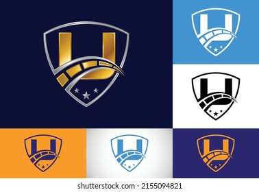 Initial U monogram letter with speedometer and shield sign. The automotive logo design concept 