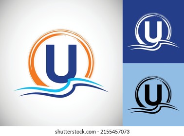 Initial U monogram letter with water ocean waves and the sun. Beach logo design concept