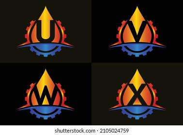 Initial U V W X monogram alphabet with gear swoosh and oil. Oil and gas logo concept. Font emblem