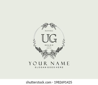 Initial UG beauty monogram and elegant logo design, handwriting logo of initial signature, wedding, fashion, floral and botanical with creative template.
