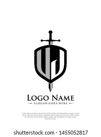 initial UJ letter with shield style logo template vector