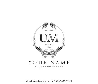 Initial UM beauty monogram and elegant logo design, handwriting logo of initial signature, wedding, fashion, floral and botanical with creative template.