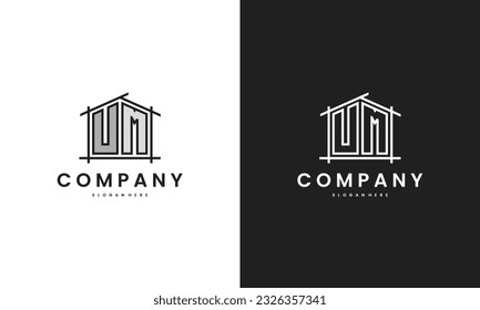 Initial UM home logo with creative house element in line art style vector design template