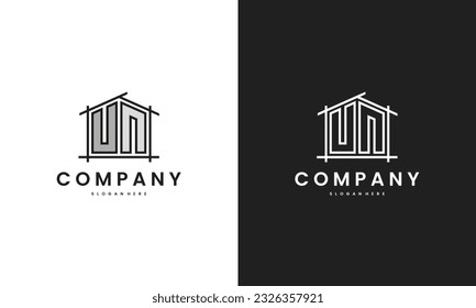 Initial UN home logo with creative house element in line art style vector design template