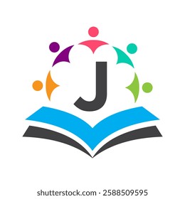 Initial Unity Logo On Letter J Concept With Book And Community Symbol. Teamwork, Team and Group Logo