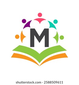 Initial Unity Logo On Letter M Concept With Book And Community Symbol. Teamwork, Team and Group Logo