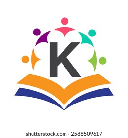 Initial Unity Logo On Letter K Concept With Book And Community Symbol. Teamwork, Team and Group Logo