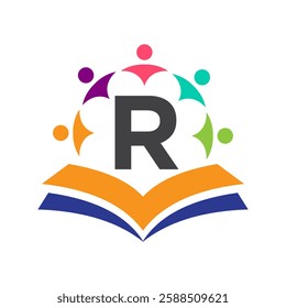 Initial Unity Logo On Letter R Concept With Book And Community Symbol. Teamwork, Team and Group Logo