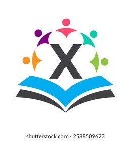 Initial Unity Logo On Letter X Concept With Book And Community Symbol. Teamwork, Team and Group Logo