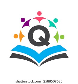 Initial Unity Logo On Letter Q Concept With Book And Community Symbol. Teamwork, Team and Group Logo