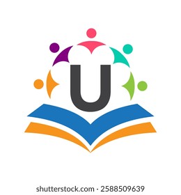 Initial Unity Logo On Letter U Concept With Book And Community Symbol. Teamwork, Team and Group Logo