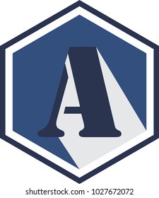initial uppercase letter A inside pentagon, blue and white combination color
