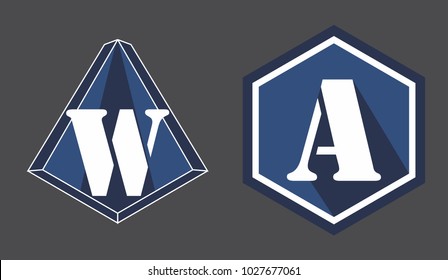 initial uppercase letter W and A, inside pyramid and pentagon, red, blue and white combination color