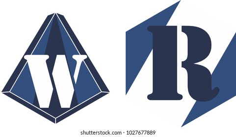 initial uppercase letter W and R, inside pyramid and pentagon, red, blue and white combination color