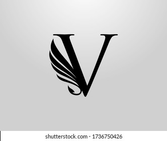 Initial V Classic Wing Logo. Heraldic V Letter Design Vector with Wing and Tale Shape Design.