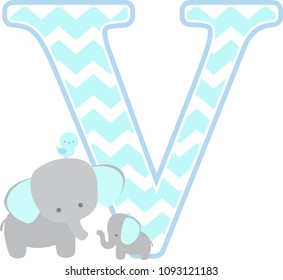 initial v with cute elephant and little baby elephant isolated on white. can be used for father's day card, baby boy birth announcements, nursery decoration, party theme or birthday invitation