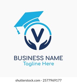 Initial V Education Logo with Graduation Logo. School Education Care and Hand Logo Concept. Student Help Logo Design Vector