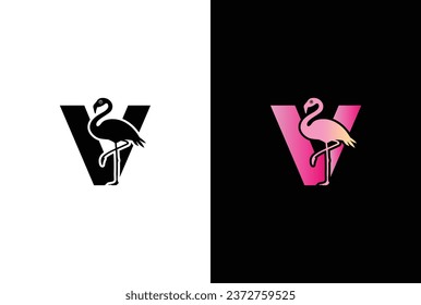 Initial V Flamingo bird logo. Flamingo bird icon with letter V Logo design vector template.