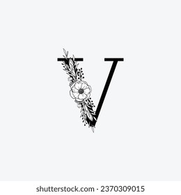 Initial V floral alphabet logo. Black floral alphabet, botanical monogram vector letters with black line art flowers, leaves and thorns.
