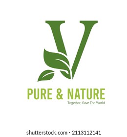 Initial V Green Letter and Leaf for Modern Beauty Nature Cosmetic, Vegan, Environmental, Nutrition Consultant Service Company Logo Idea