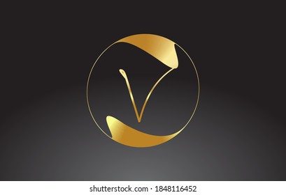 Initial V handwritten letter logo with golden elegant design and golden wave circle. Shiny metal creative vector illustration with letter V.