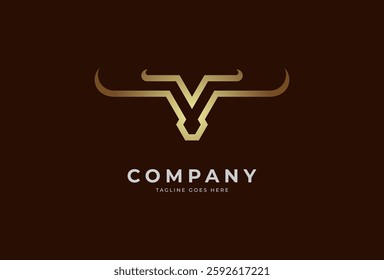 Initial V horn Logo, minimalist letter V with horn design logo in gold color, vector illustration