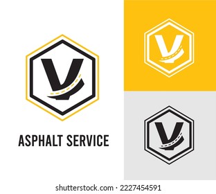 Letra inicial V con asfalto y símbolo de pavimentación para el logotipo de asfalto y la plantilla de diseño de negocio de transporte