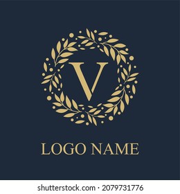 Initial V Letter in Circle Leaves Wreath Frame for Cosmetic, Make up, Fashion, Hotel, Resto, Resort, Real Estate, Apartment Business Logo Vector Template