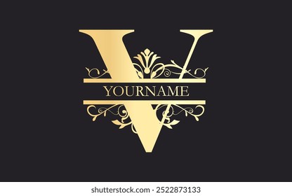 Initial V letter, floral Split Letter Monogram,luxury Wedding invitation Monogram Design,gold color on black background