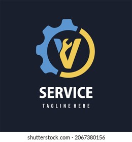 Initial V Letter with Gear and Wrench for Automotive Home Repair, Setting, Maintenance Service Company. Home Repair Business Logo Template