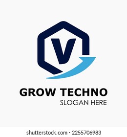 Initial V Letter in Hexagon Shape with Growth Arrow Upward Logo Idea Template
